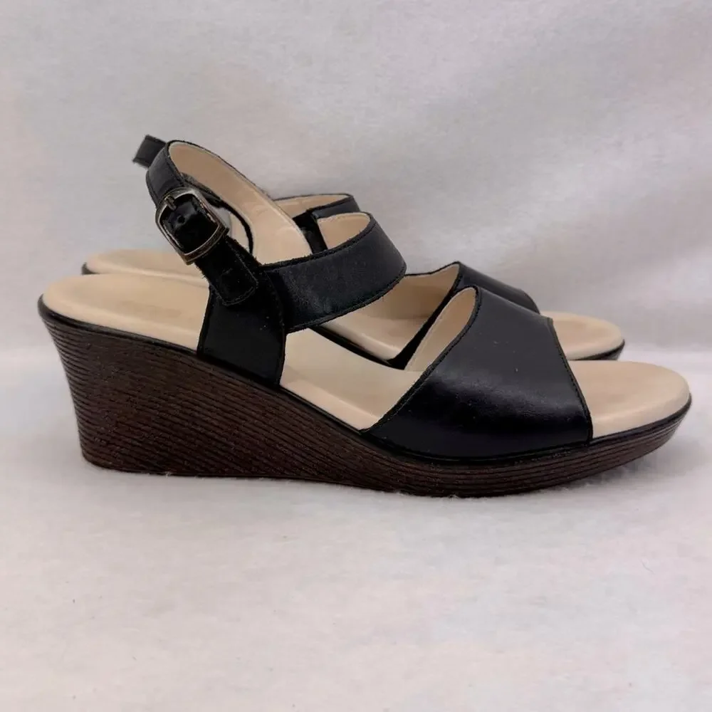 EUC Women’s SAS Heather Wedges Leather Sandals size 12 Black